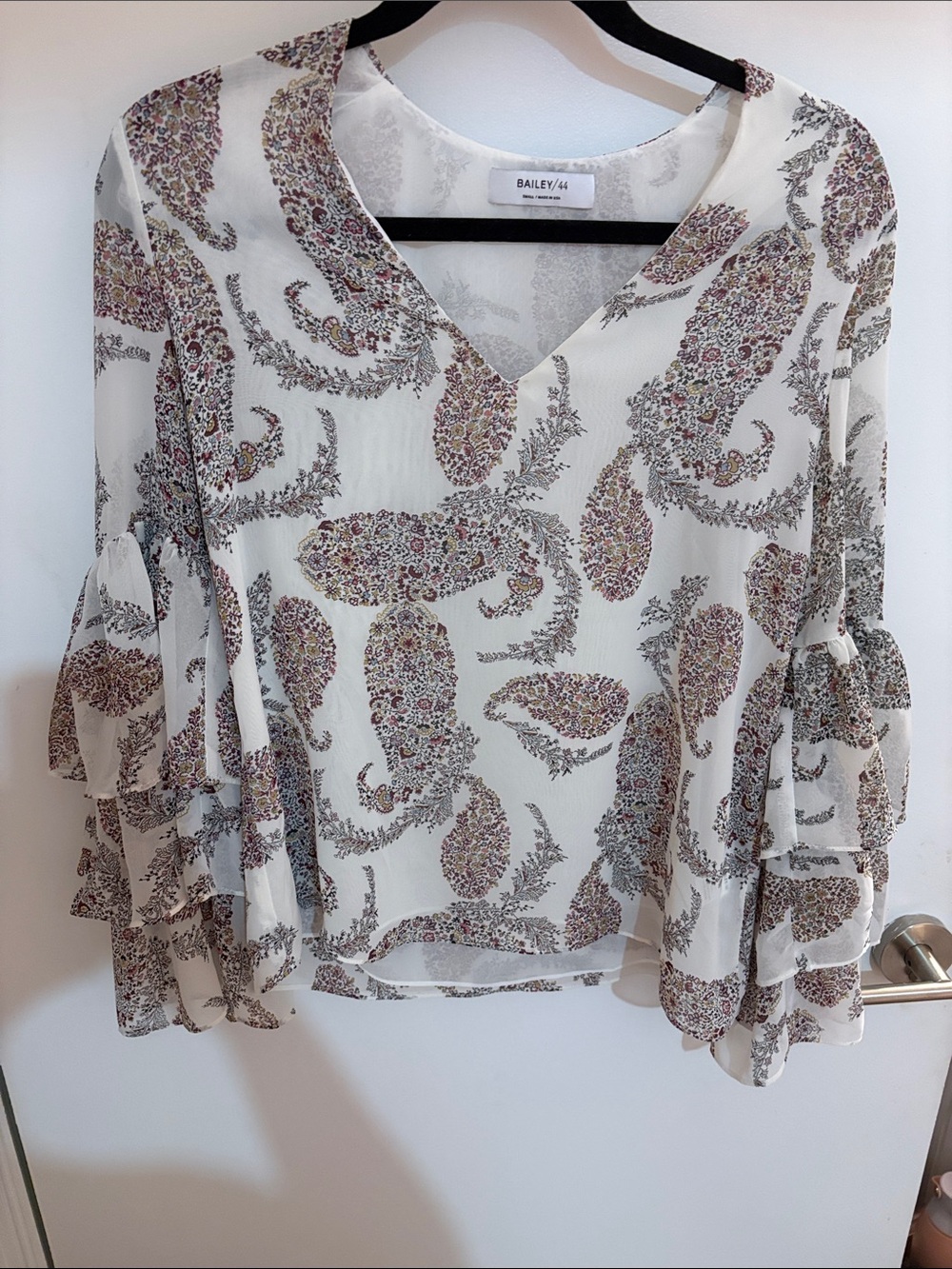 Bailey 44 Cream Paisley V-Neck Ruffle Sleeve Blouse